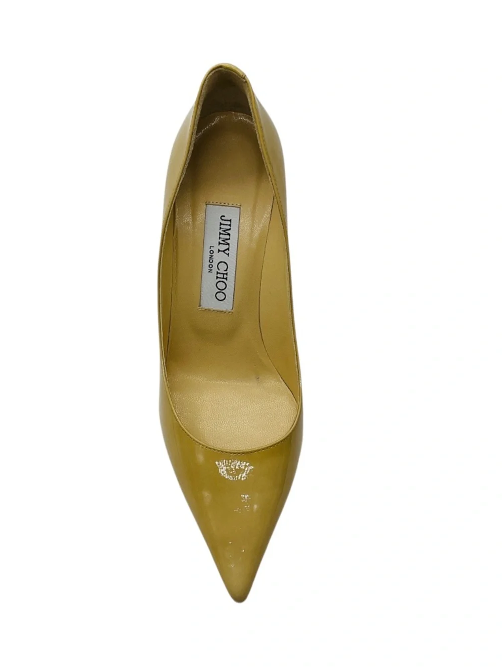 JIMMY CHOO NUDE POINTED TOE PATENT LEATHER PUMPS